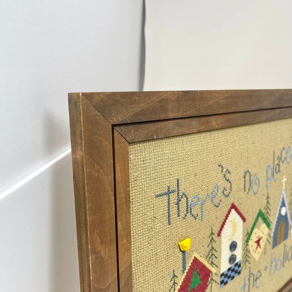 Framed Handmade Cross Stitch Home for the Holidays Tan w/Blue Red Green Yellow‎ - Picture 5 of 9